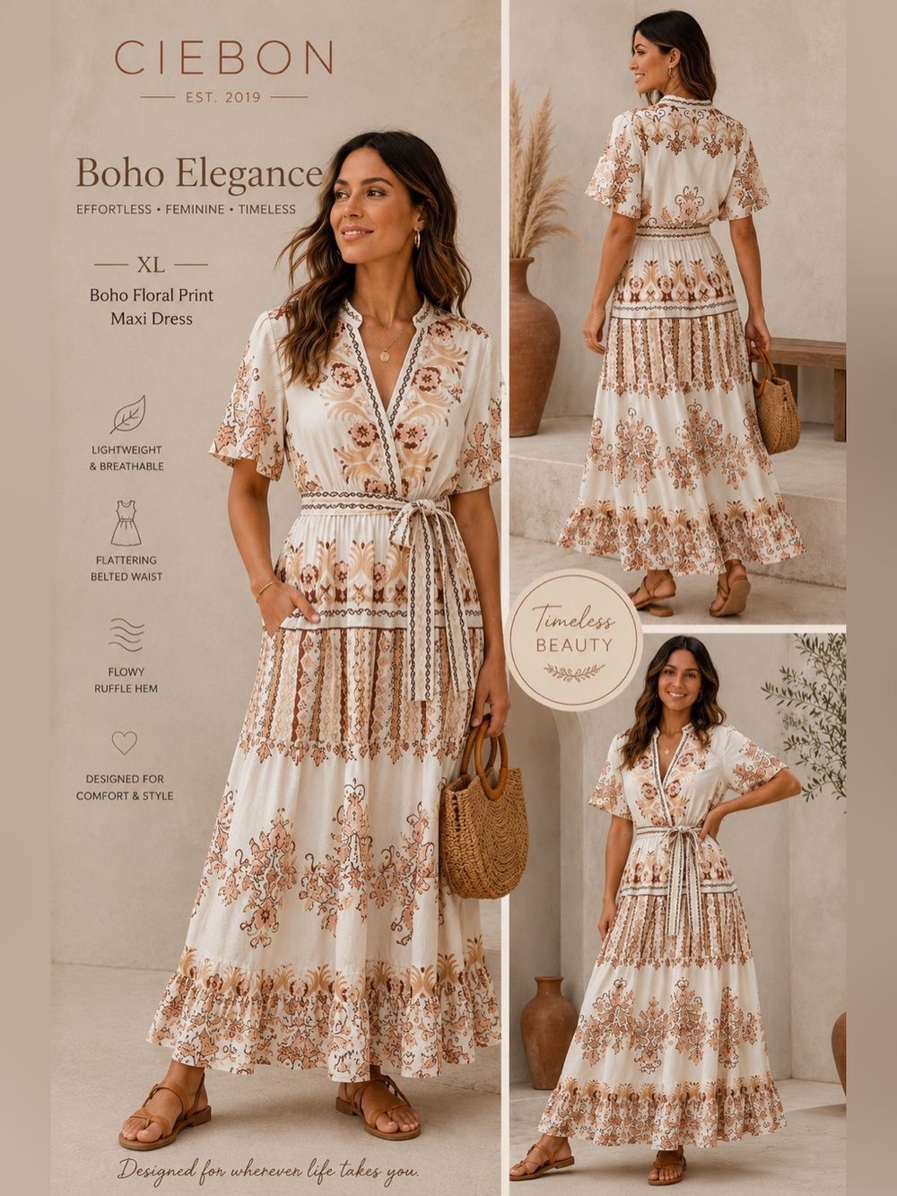 CIEBON Boho Floral Print Maxi Dress in Cream and Tan